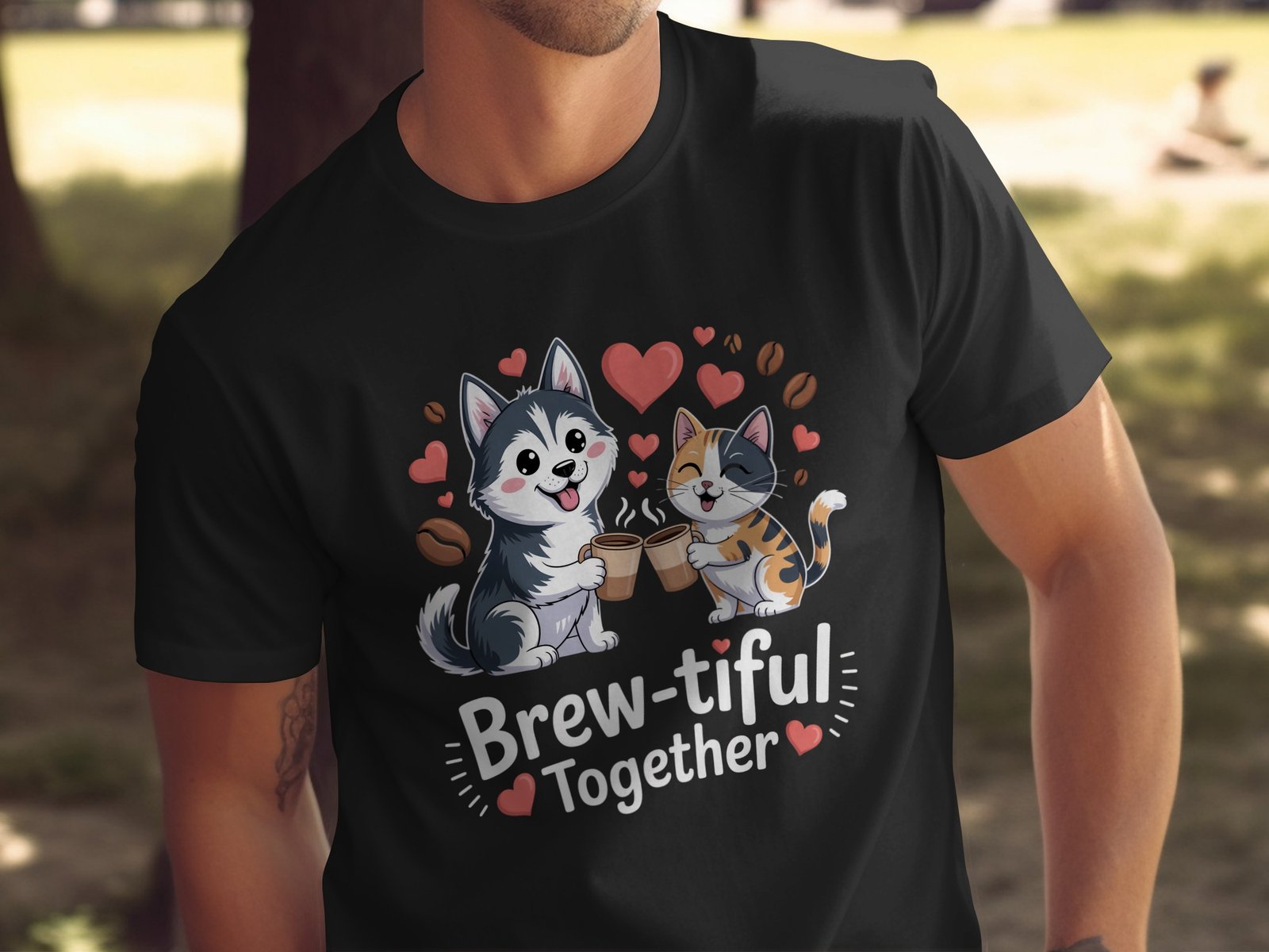 cat husky coffee t-shirt